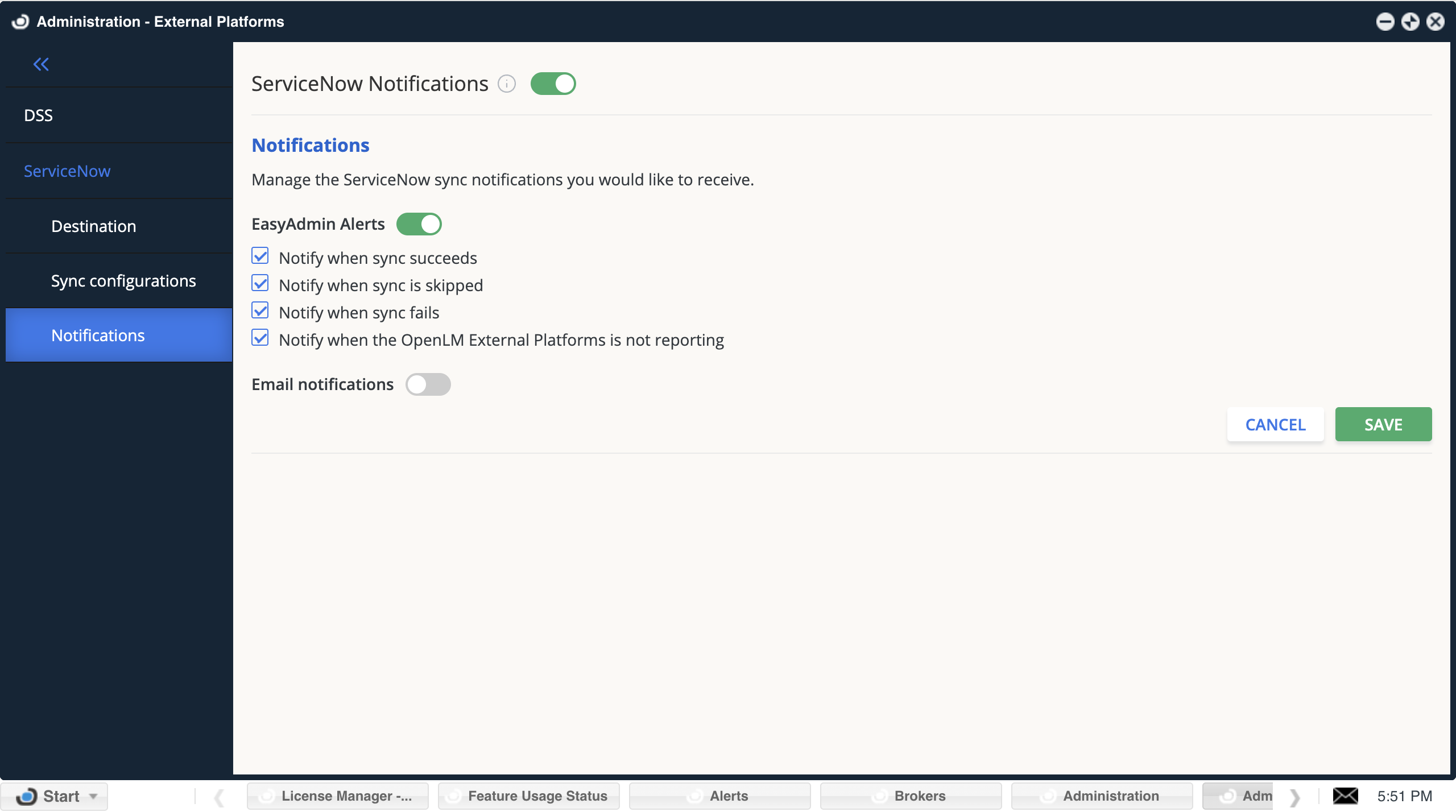 Administration - External Platforms - ServiceNow Notifications