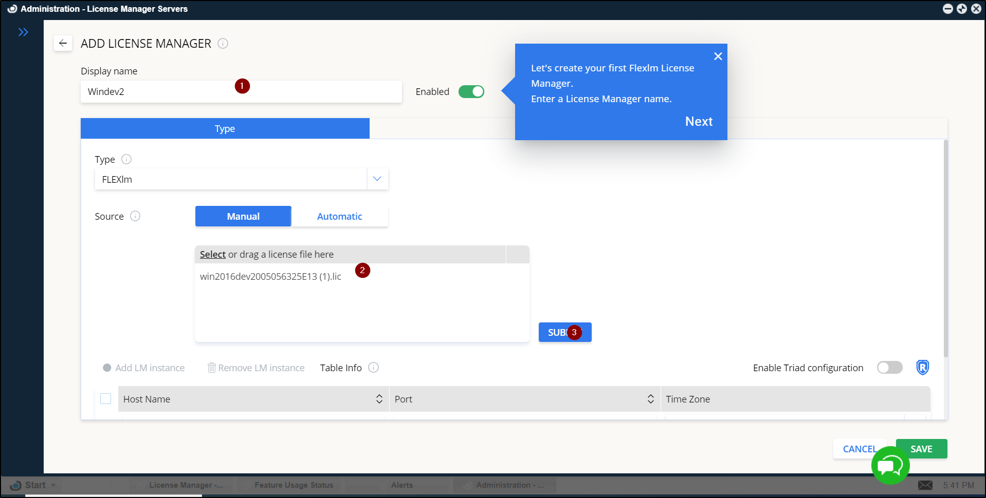 Add a new License Server window (manually)