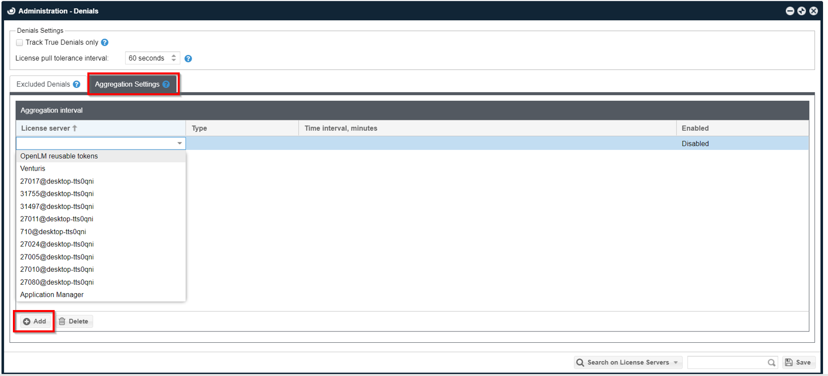 Aggregation Settings Screen 