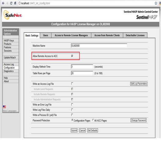 Sentinel HASP ACC settings