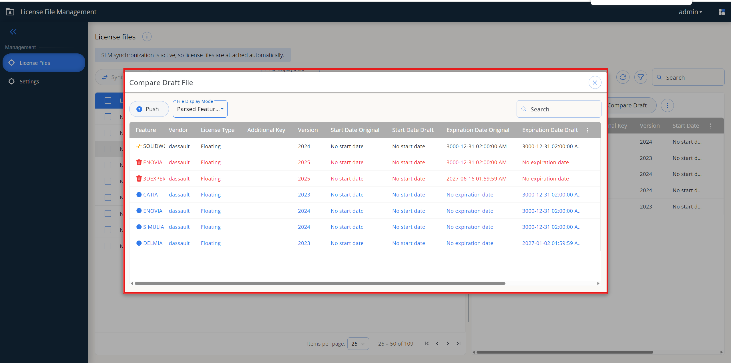 Compare Draft File dialog showing a side-by-side feature comparison, with removed features marked in red and added features marked in blue