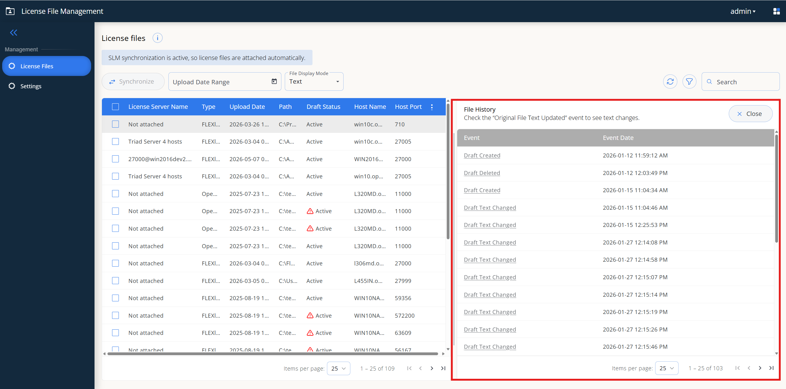License files page with the File History panel open, showing Event and Event Date columns and entries such as Draft Created, Draft Deleted, and Draft Text Changed