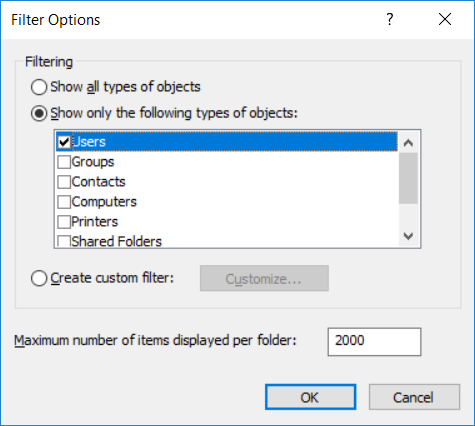 Filter Options window with Users selected