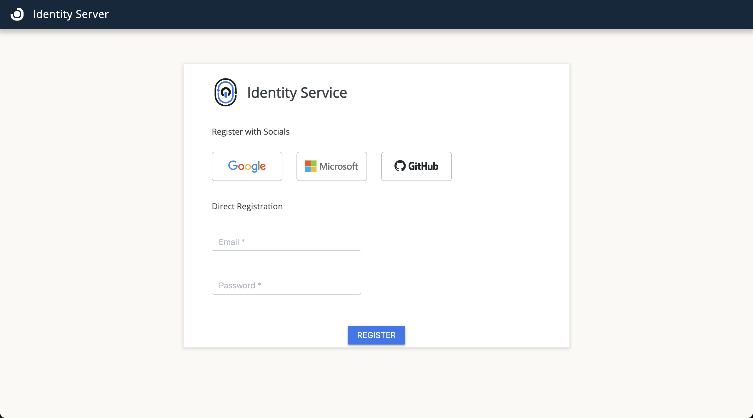 Identity registration screen