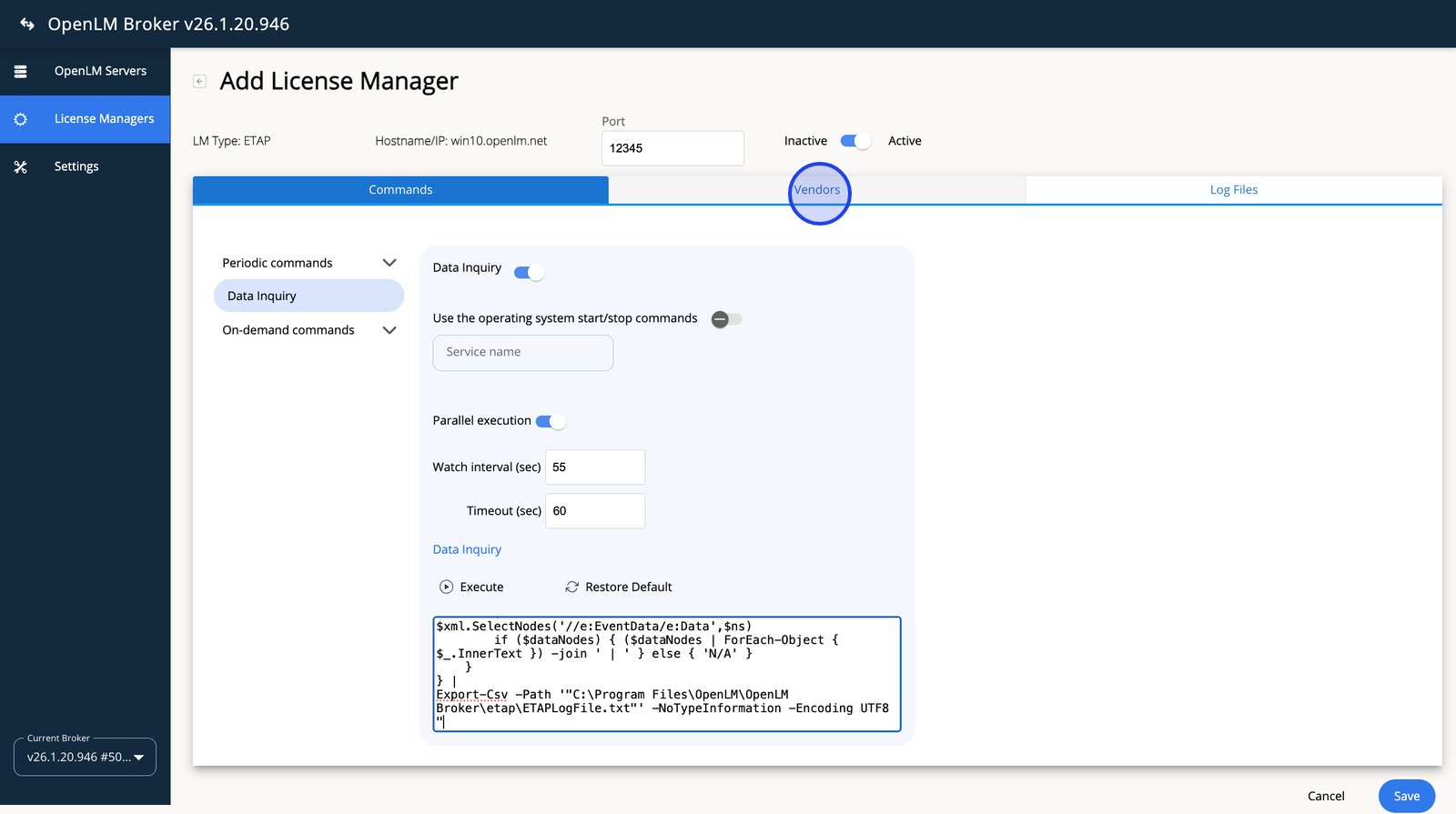 Vendors tab showing the vendor definition