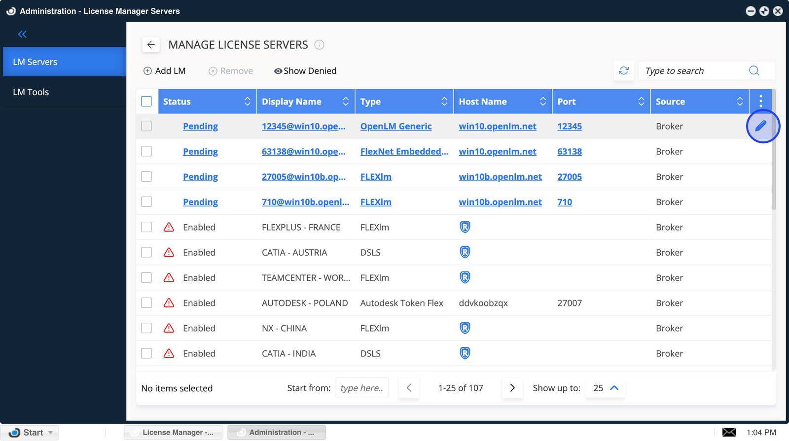 Edit button for the pending license server