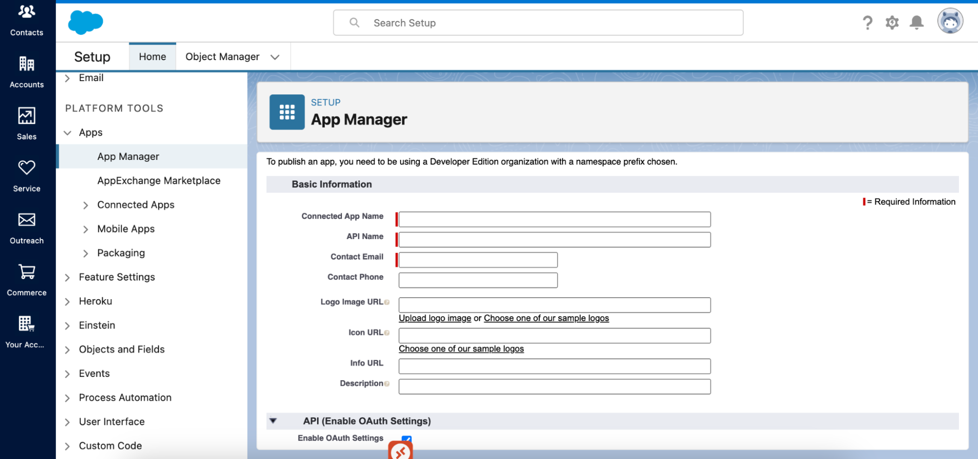 Enable the API OAuth setting and select Full OAuth scope when creating the Connected App. After setup, access Manage Consumer Details to retrieve and save your Consumer Key and Consumer Secret.