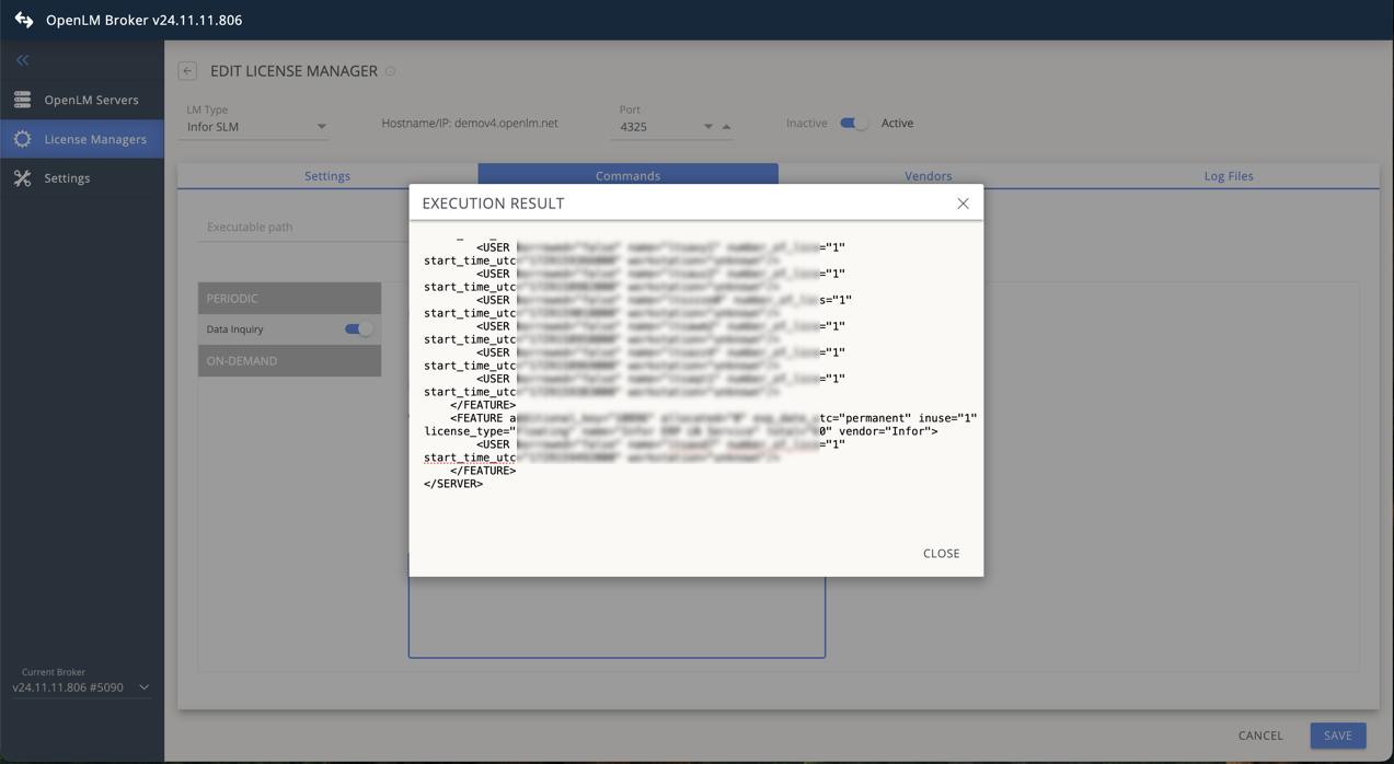 Successful execution output for Infor SLM license manager