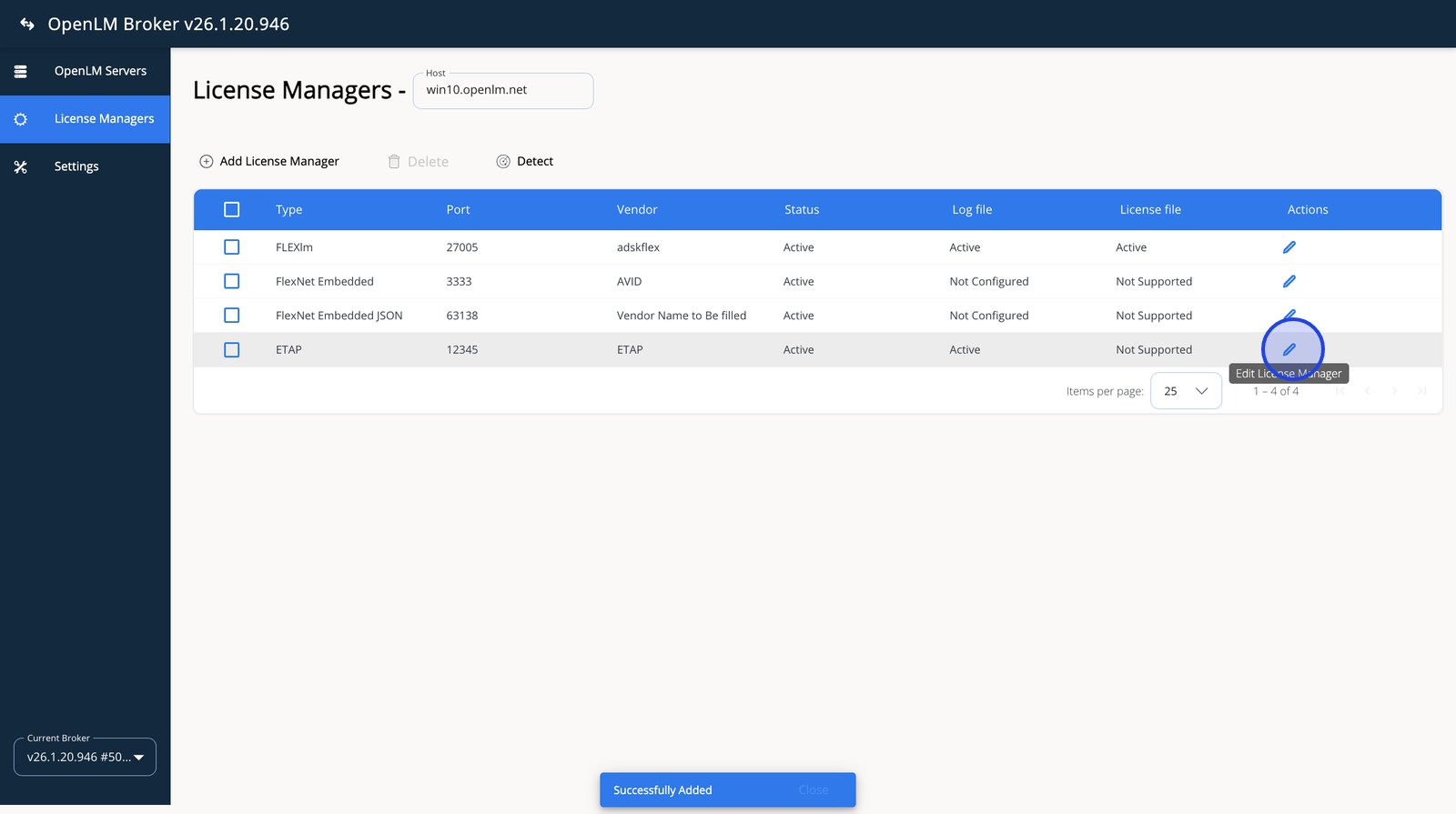 Edit action for the license manager entry