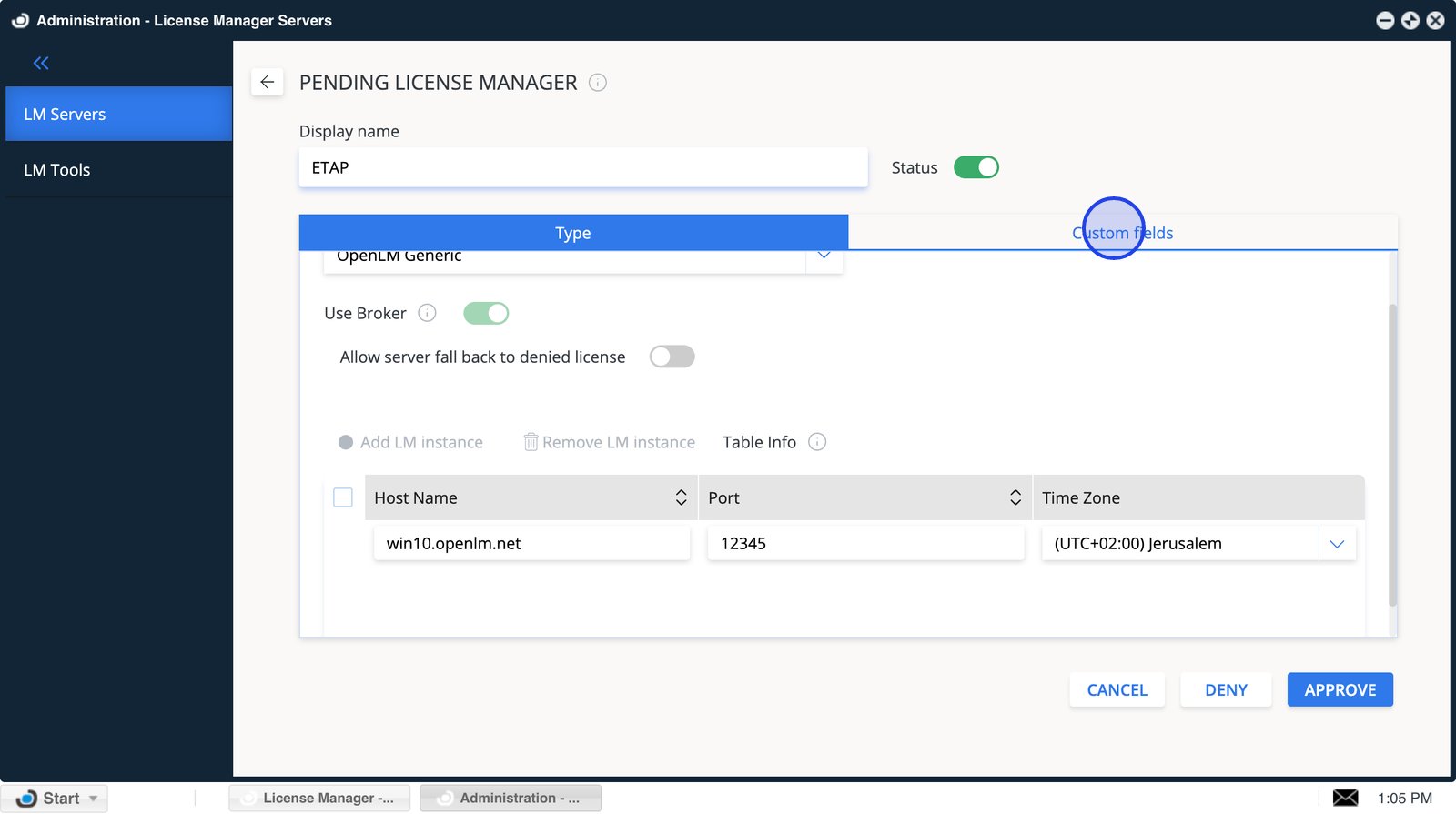 Custom fields section in license server details