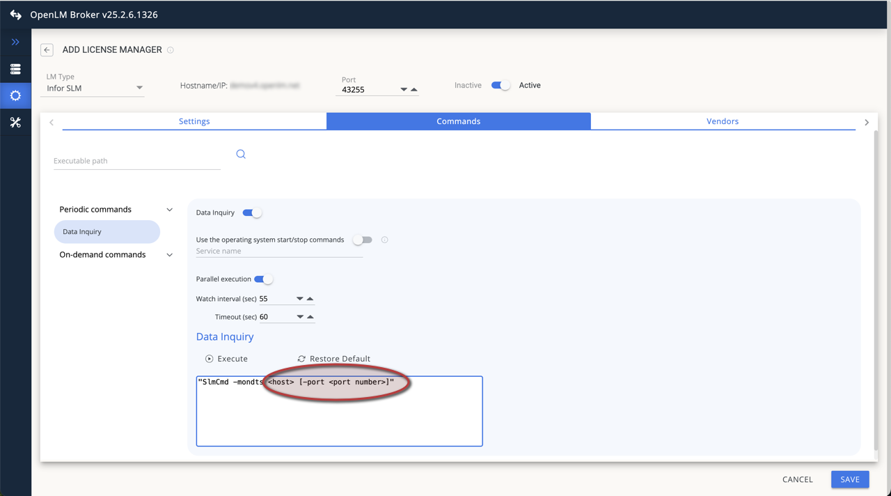 Configuring data inquiry for Infor SLM in OpenLM Broker