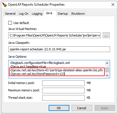 Java Options keystore configuration