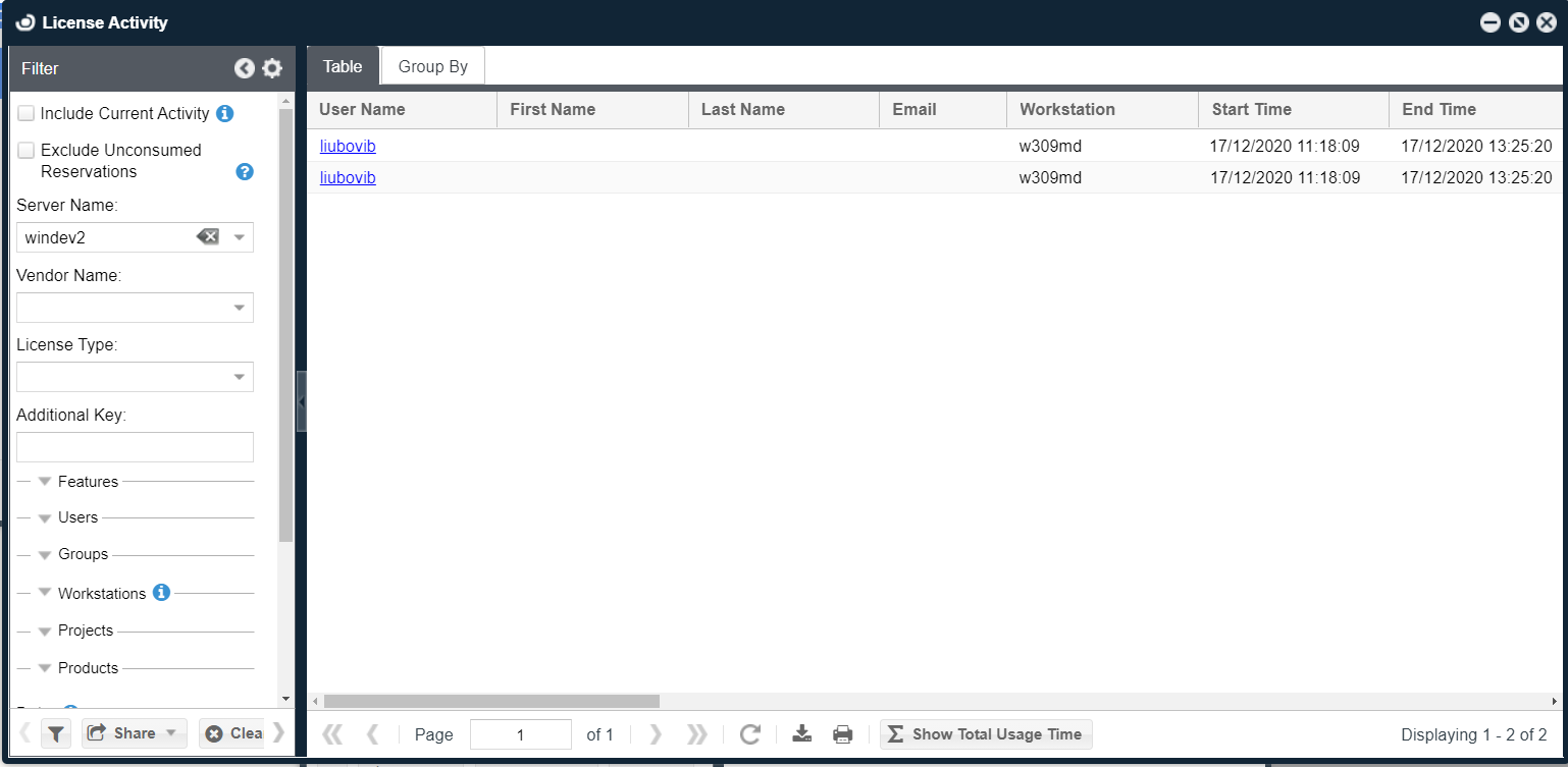 Figure 12: License activity window