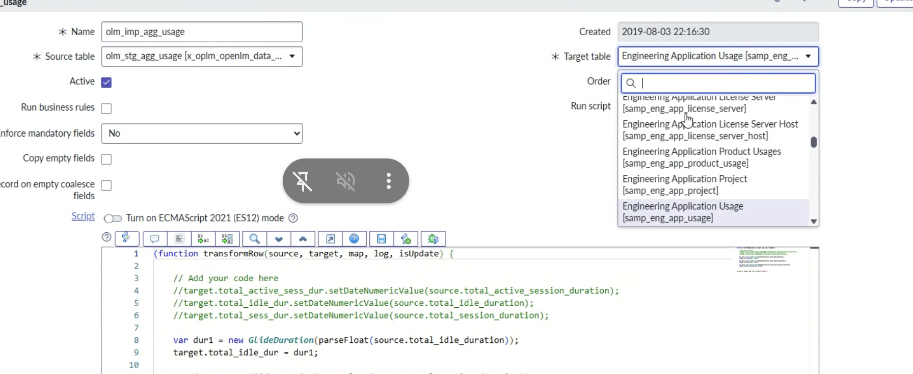 ServiceNow transform map from OpenLM staging tables to SAM Pro target tables