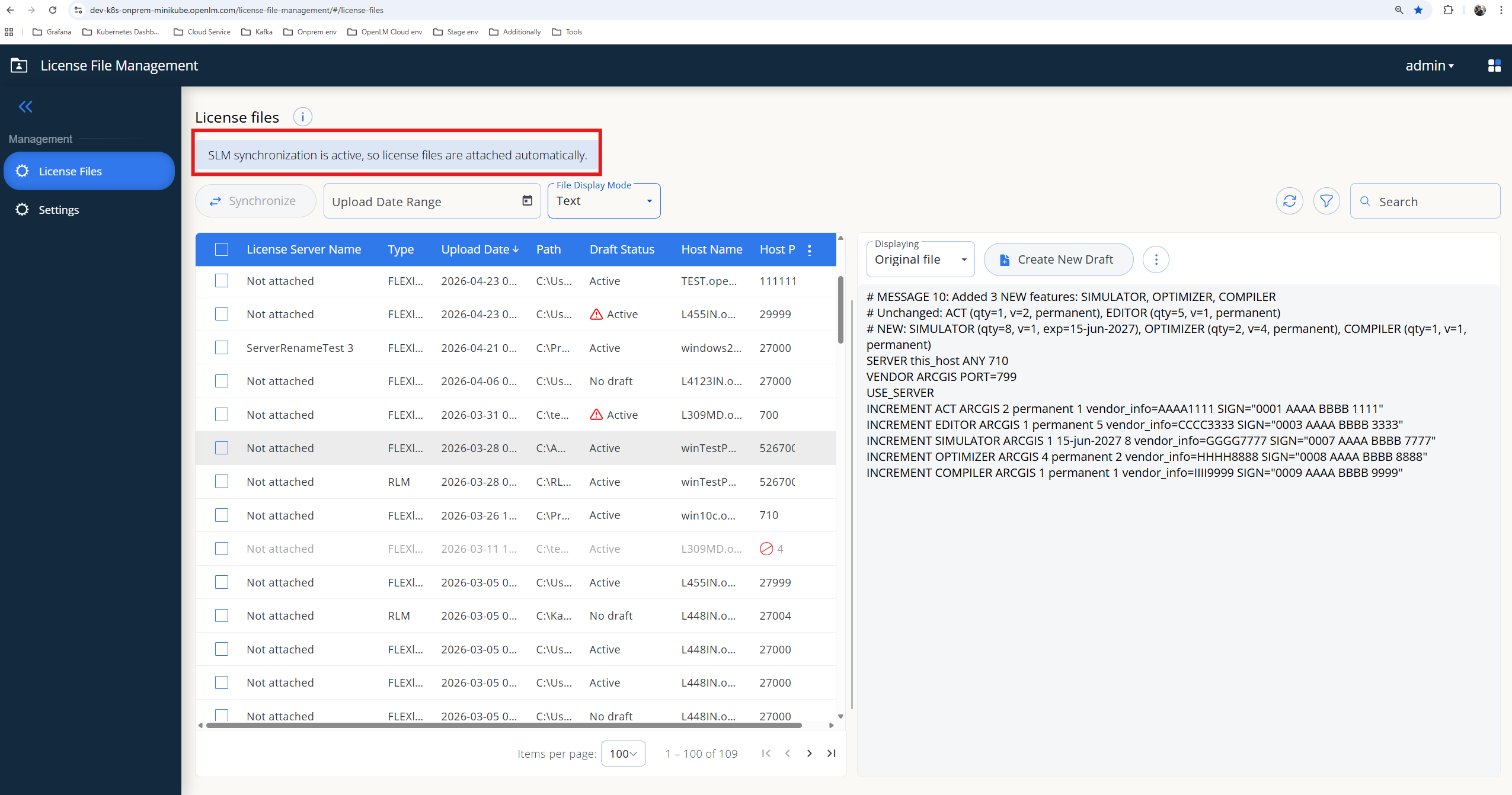 License files page showing the banner SLM synchronization is active, so license files are attached automatically, with the file list and selected file content below