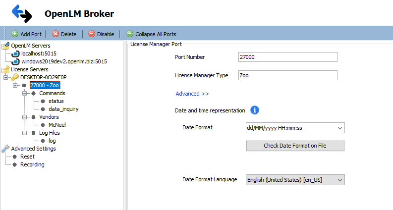 Broker settings for Zoo License Manager