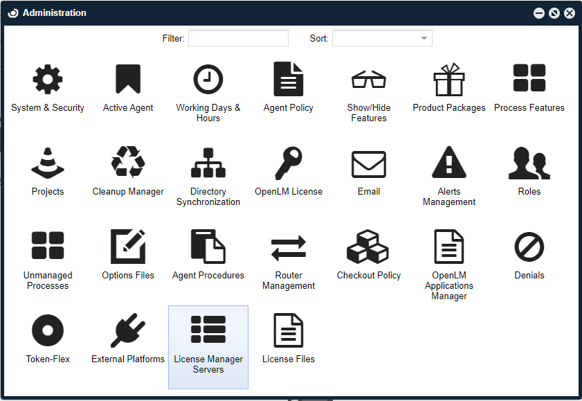 License manager servers menu