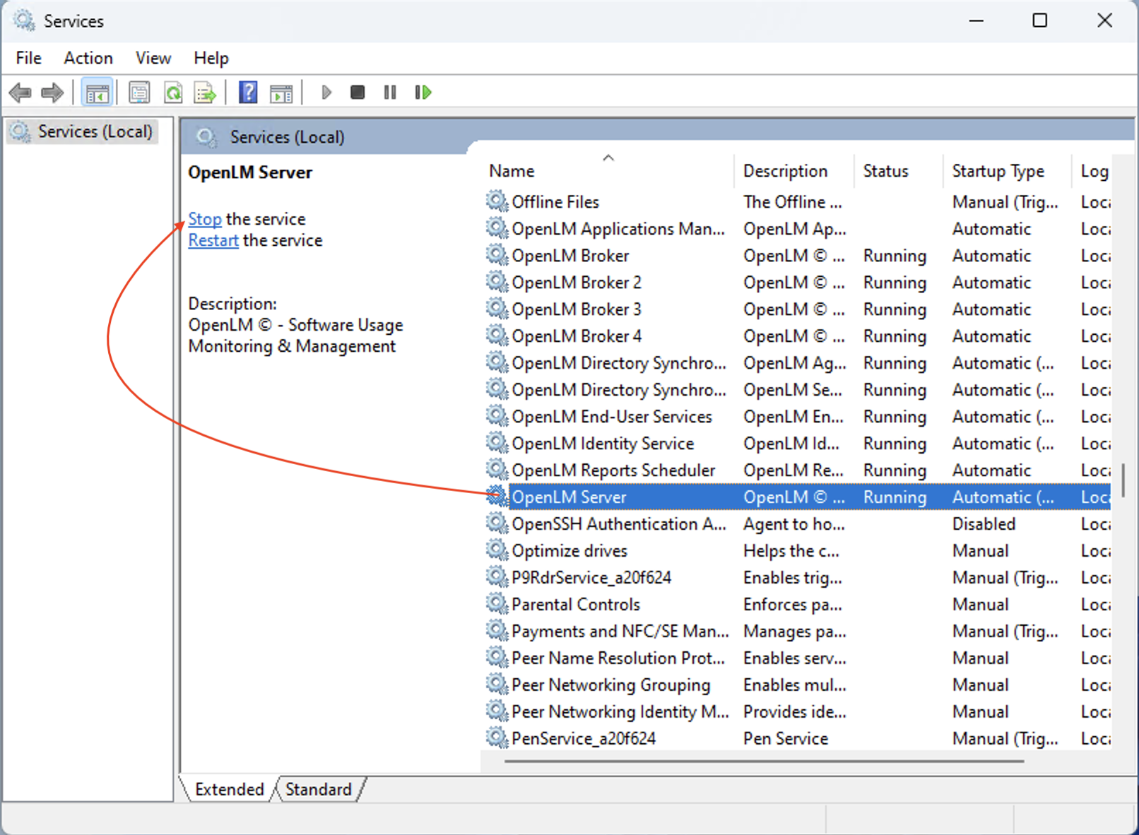 Windows Services with OpenLM Server Service and Stop option
