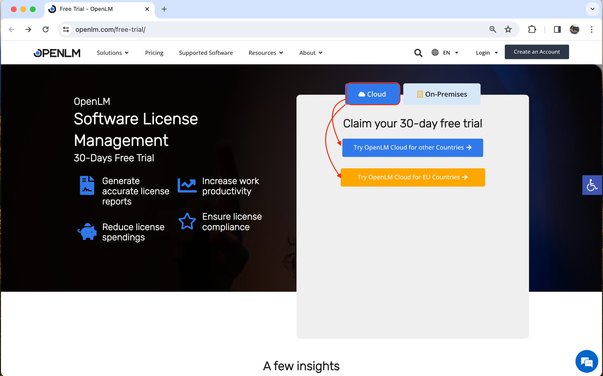 Figure 1: The registration boxes on the Free Trial page have a link to the registration page for Software License Management Cloud.