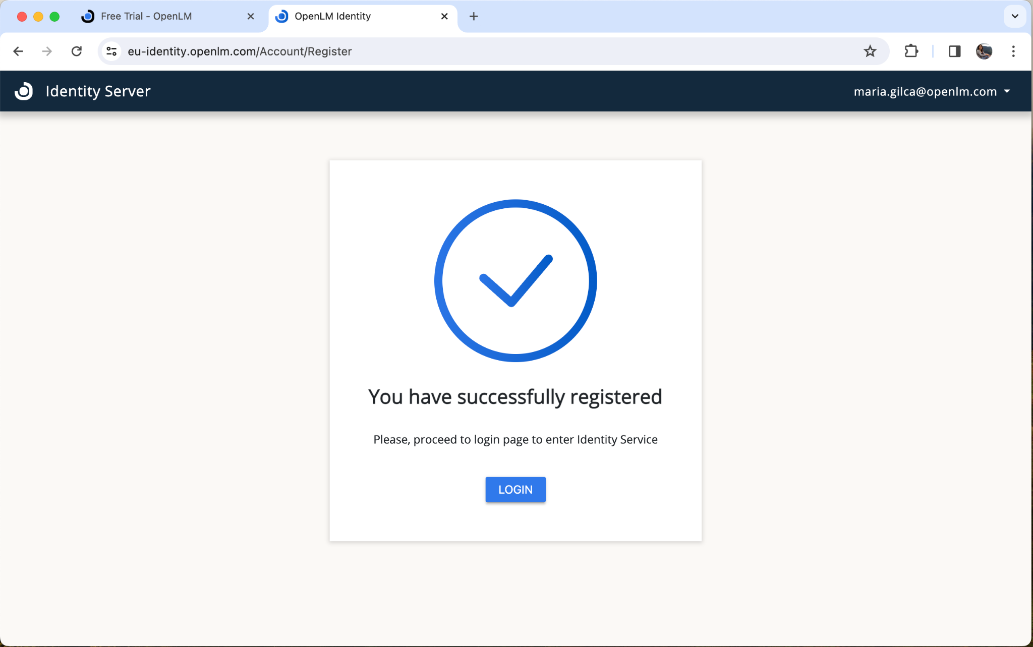Figure 3: The registration confirmation screen and login button.