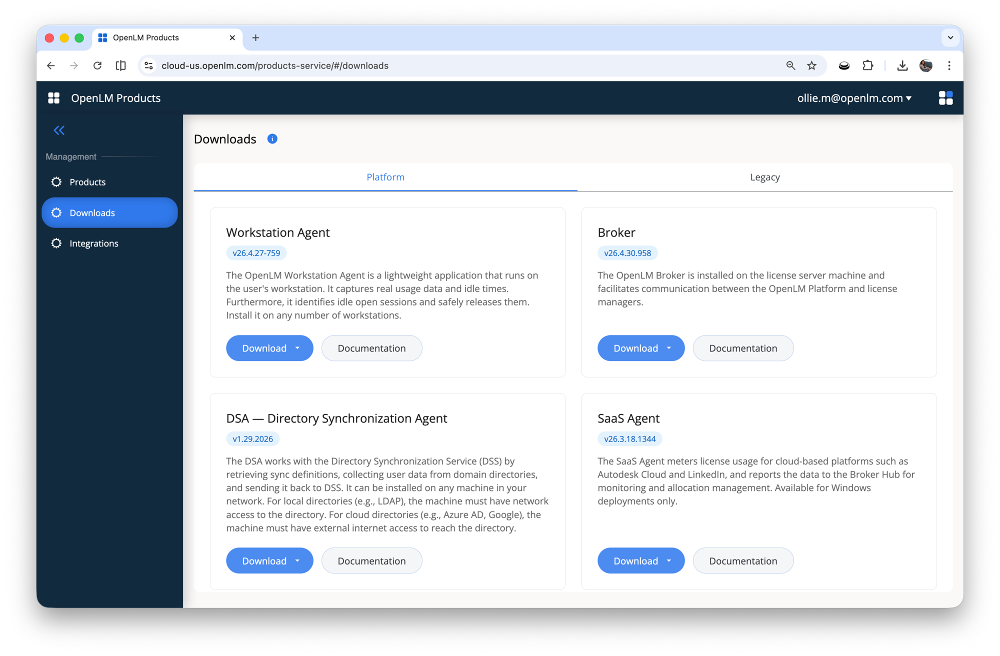 OpenLM Products page showing the Downloads view with Platform and Legacy tabs, listing Workstation Agent, Broker, DSA, and SaaS Agent each with a Download button and a Documentation link