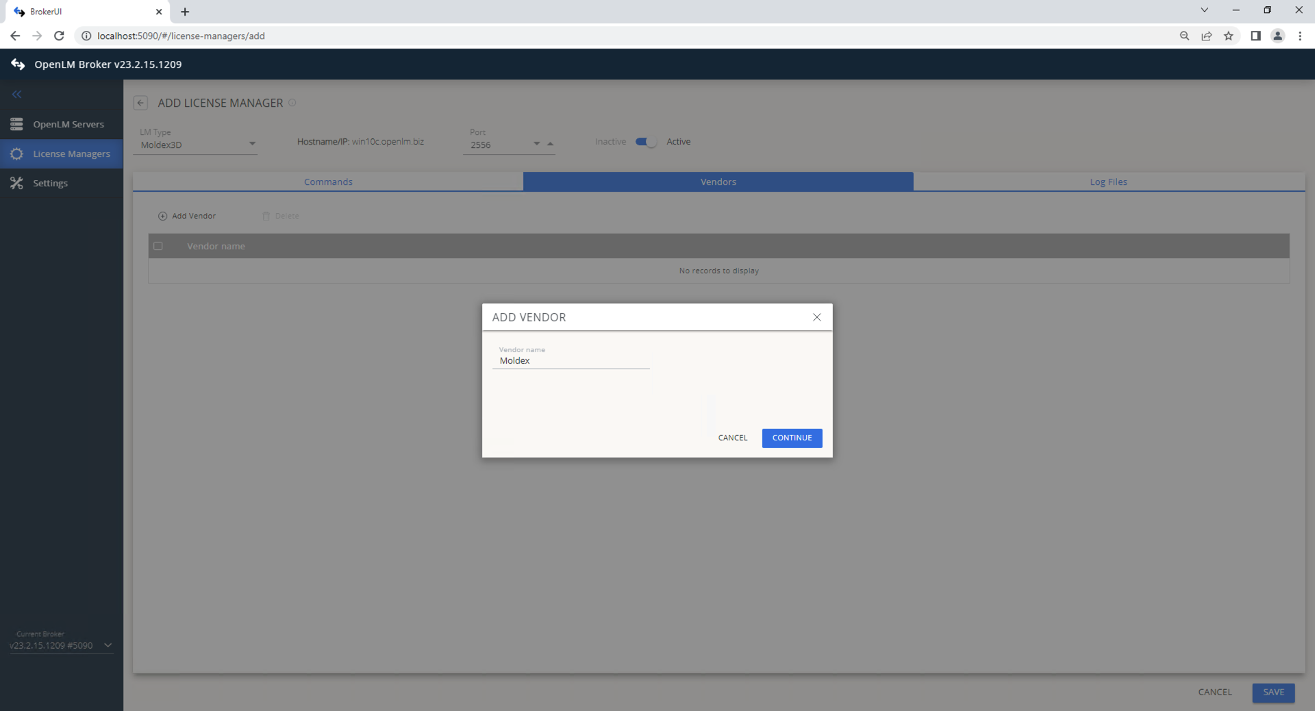 Vendors tab in Broker UI