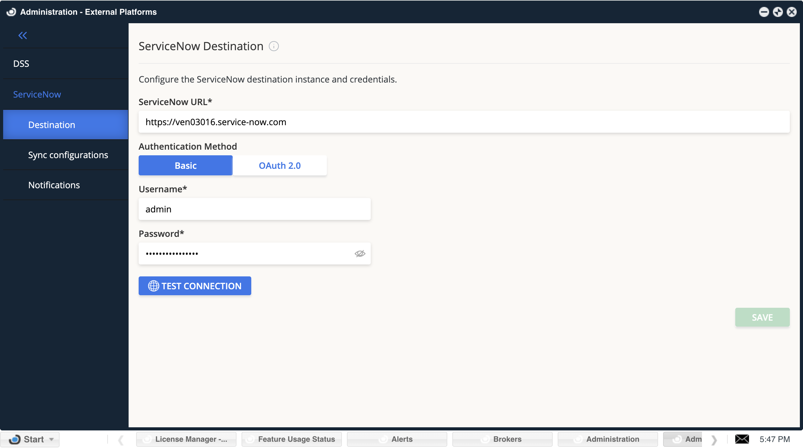 Administration - External Platforms - ServiceNow Destination