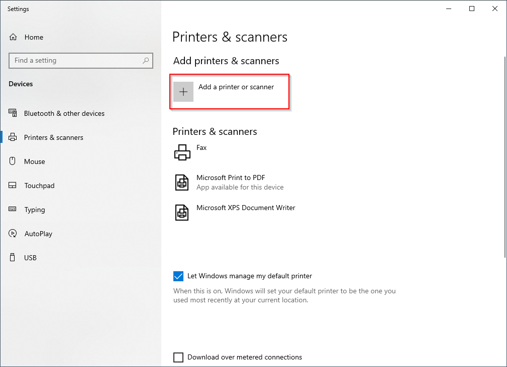 Add printer or scanner button