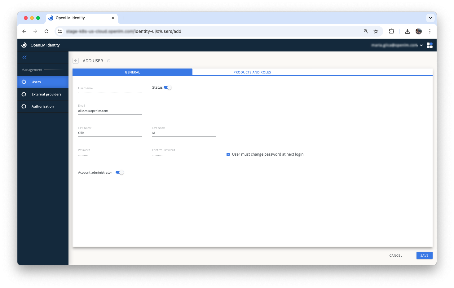 Add User dialog in Identity Service