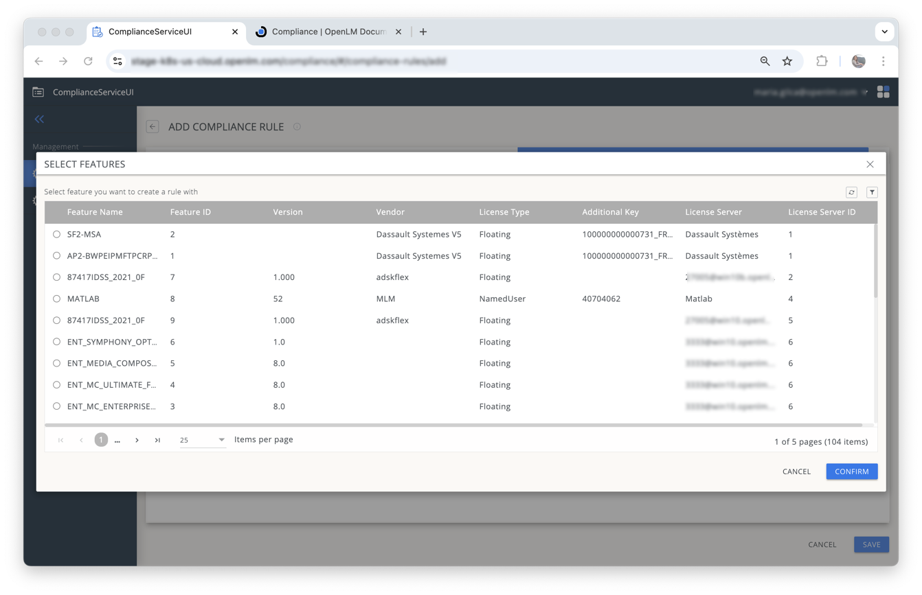 Select features for compliance rules