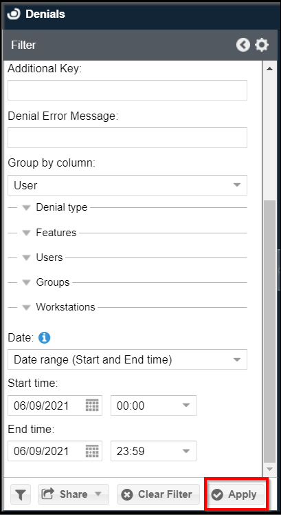 Denials - Filter settings
