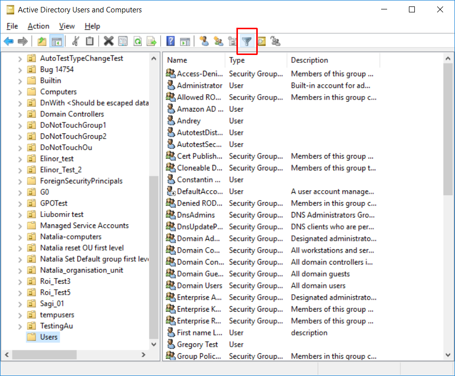 Active Directory Users and Computers の Filter アイコン位置