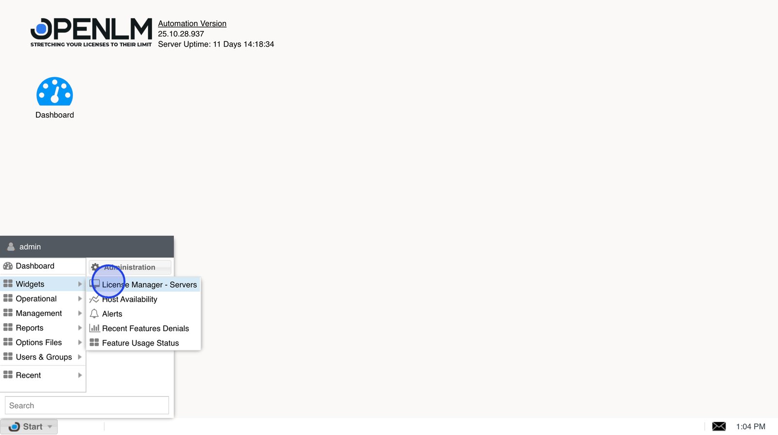 EasyAdmin の Widgets にある License Manager Servers