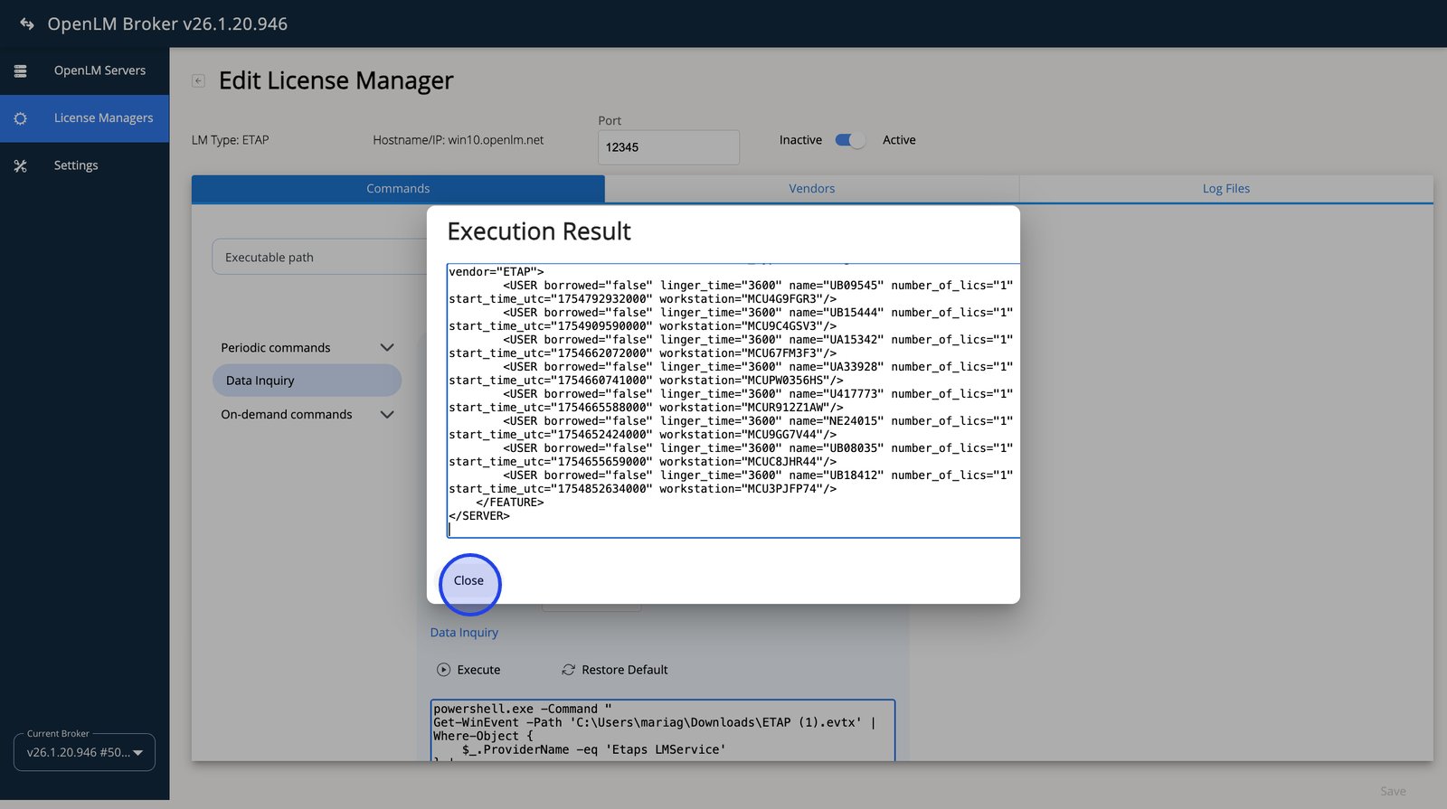 Data Inquiry の Execution Result ウィンドウ