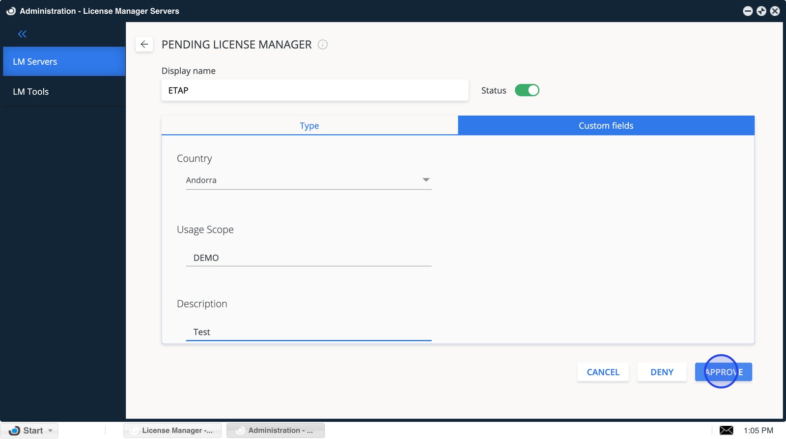 保留中ライセンスサーバーの Approve ボタン