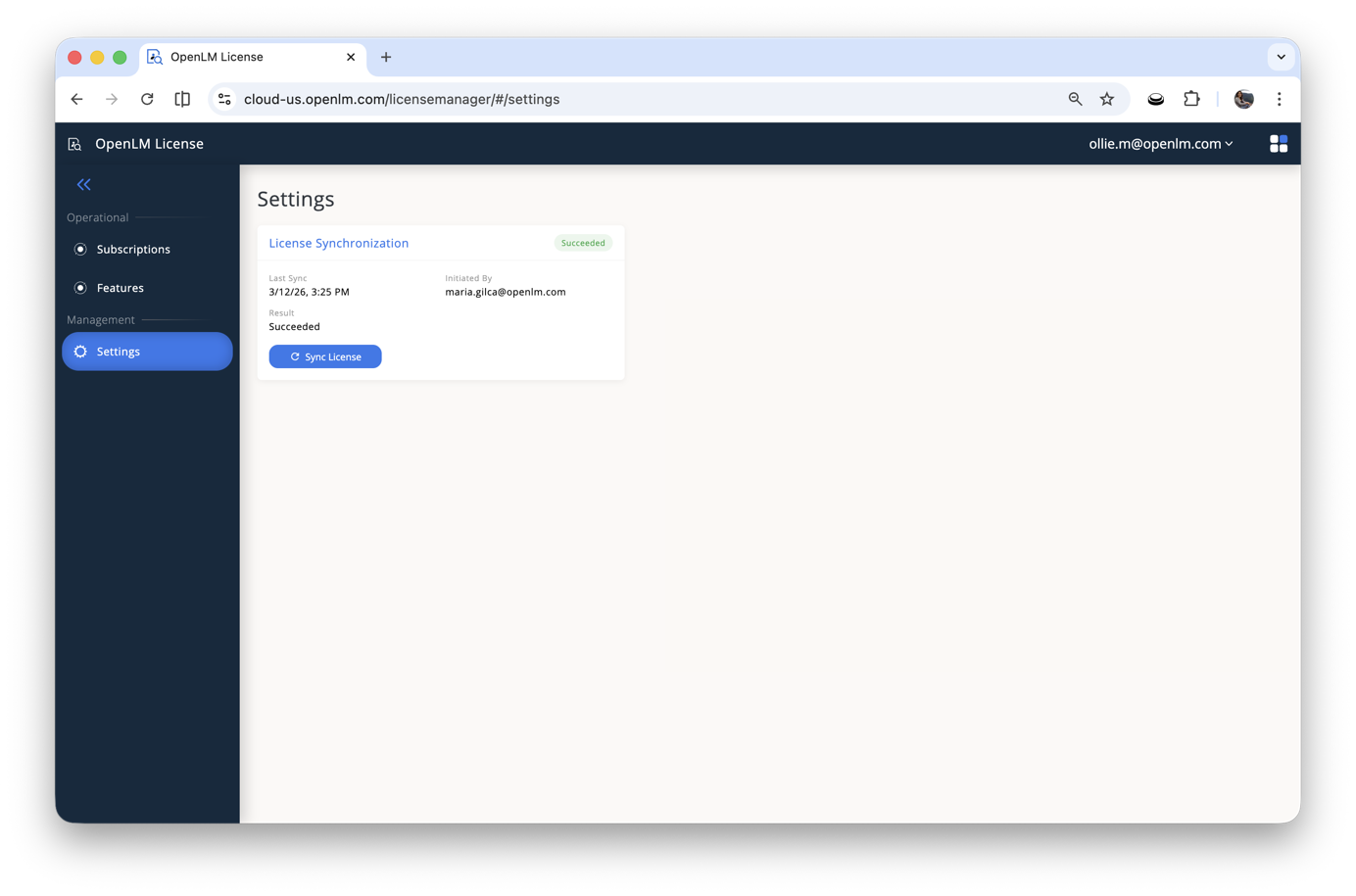The Settings page shows the last license synchronization result and provides the Sync License button.