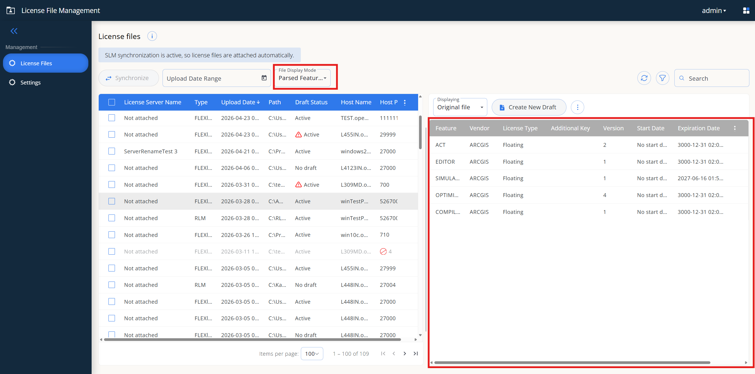 選択したライセンスファイルの Parsed Features パネル。機能名、ベンダー、ライセンスタイプ、バージョン、各種日付を表示