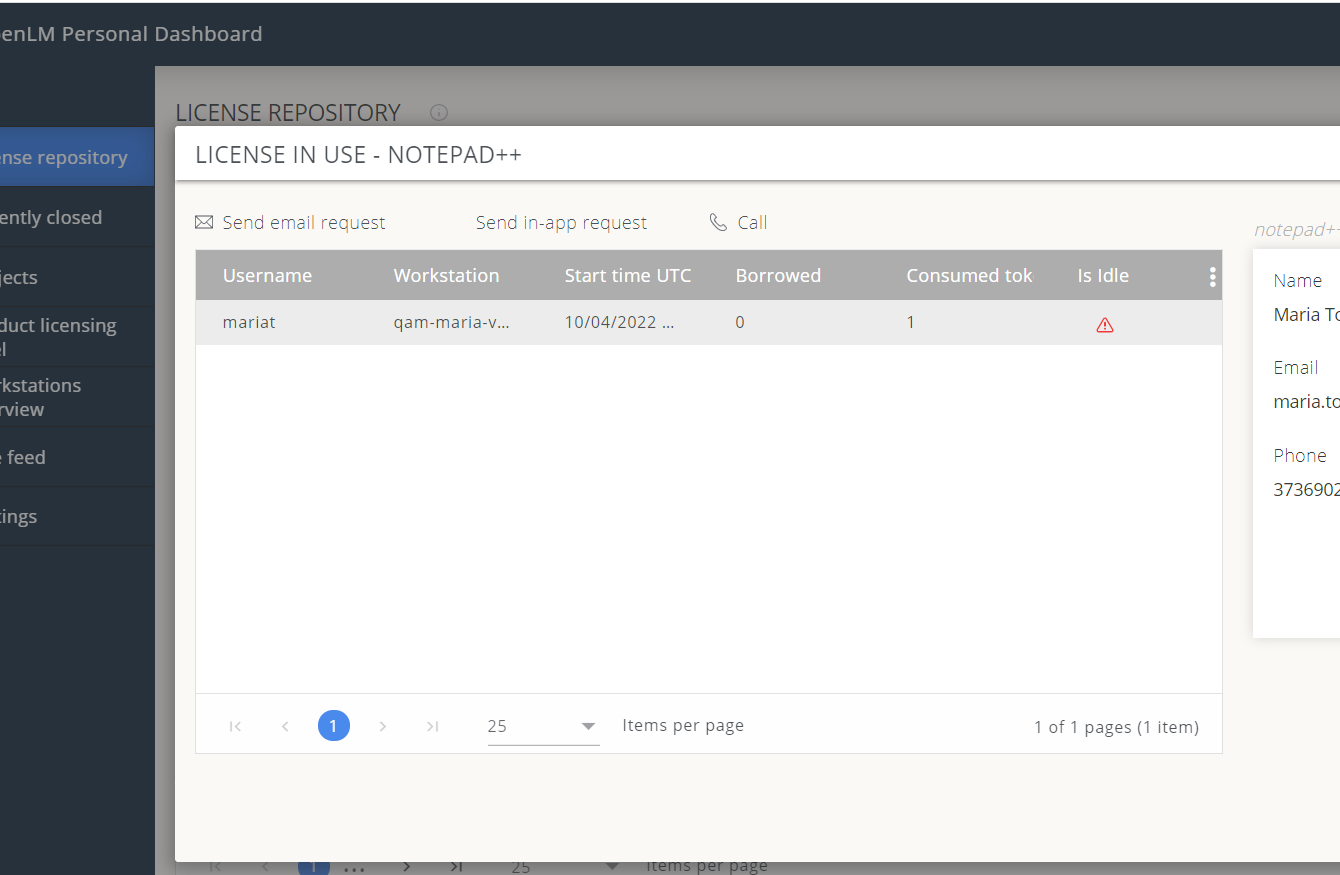OpenLM Personal Dashboard send in-app request