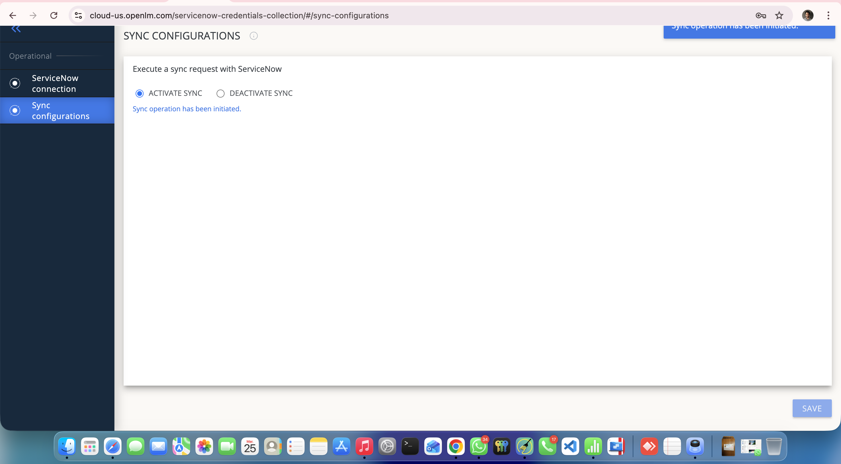 OpenLM Platform の ServiceNow Connector にある Sync configurations タブ
