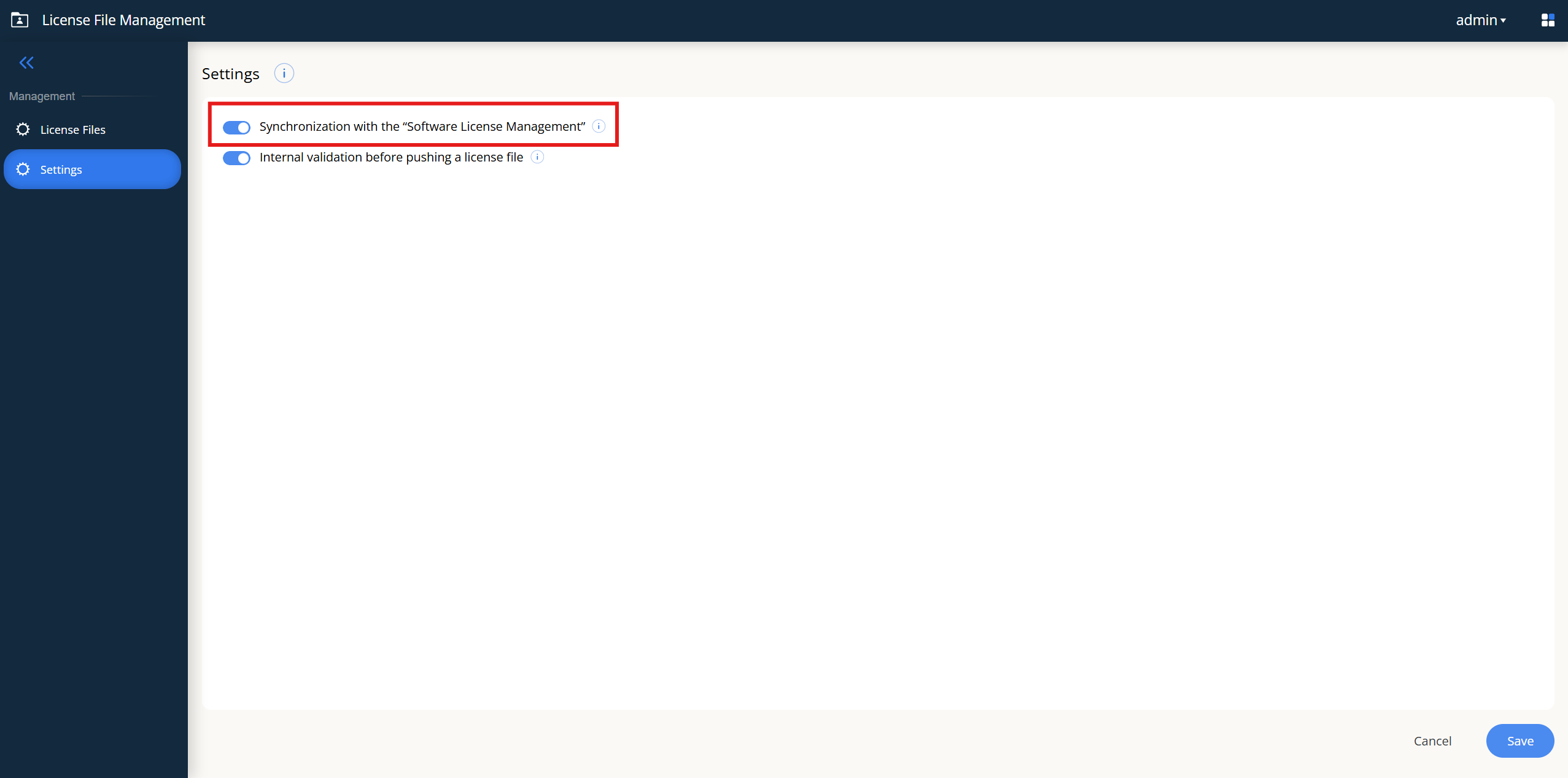 LFM の Settings ページ。「Synchronization with the Software License Management」トグルがオンになっており、その下に「Internal validation before pushing a license file」トグルがある