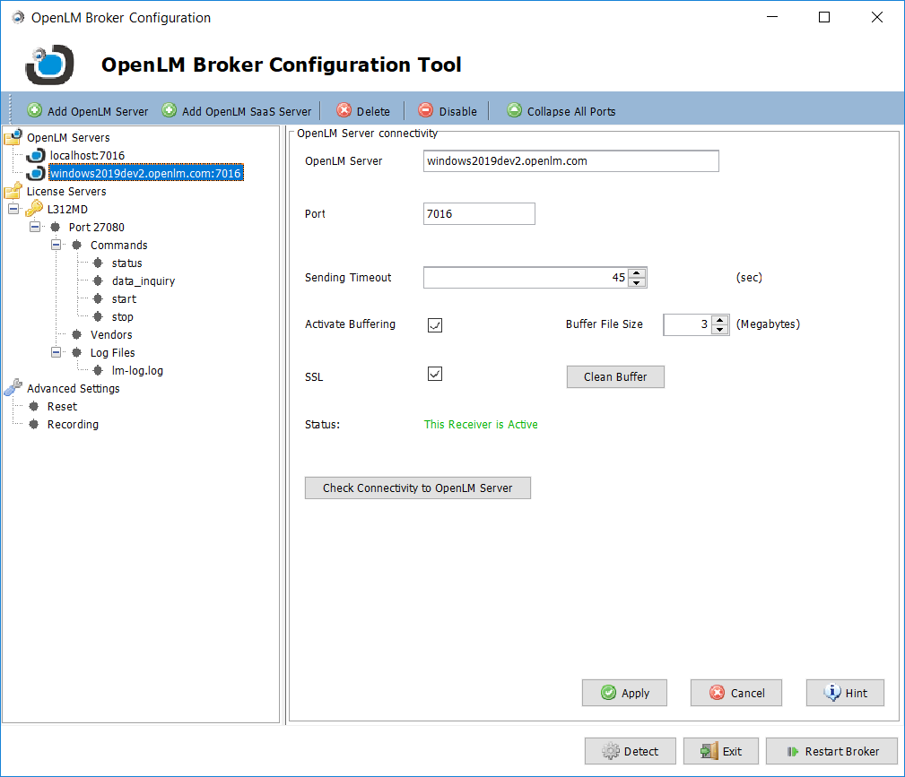 OpenLM Broker configuration tool window for SSL settings