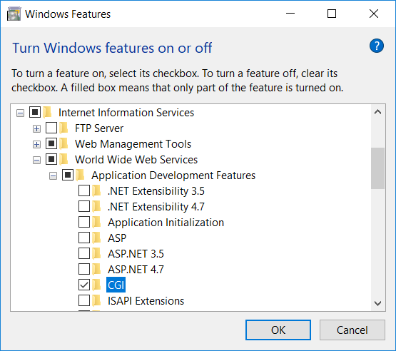 Windows Features dialog with CGI feature selected