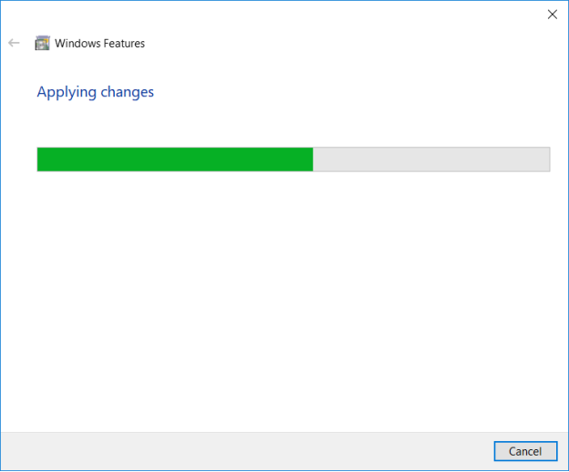 "Windows Features" window with installation progress bar