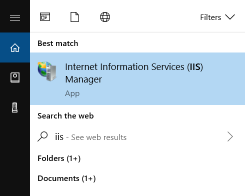 Windows 10 search bar with IIS Manager