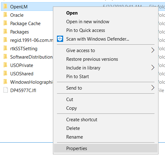 Setting properties for the OpenLM folder