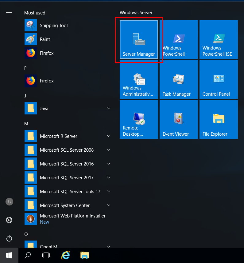 Windows Server 2016 Start Menu with Server Manager