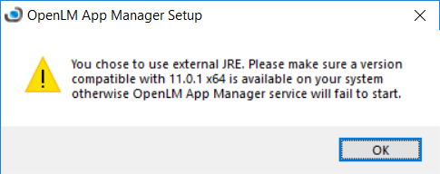 The warning dialog when skipping JRE installation.