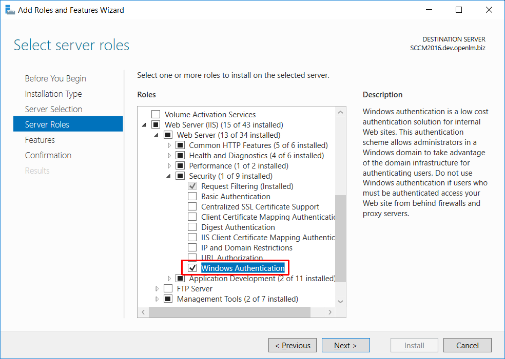 Add Roles and Features Wizard Windows Authentication server role