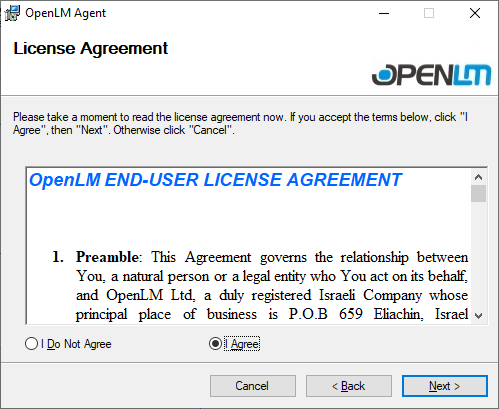 OpenLM Agent Installation ToS Screen