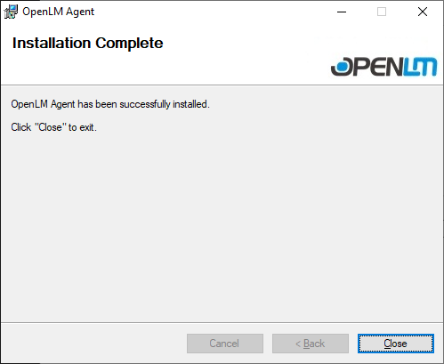 OpenLM Agent Installation Complete screen.